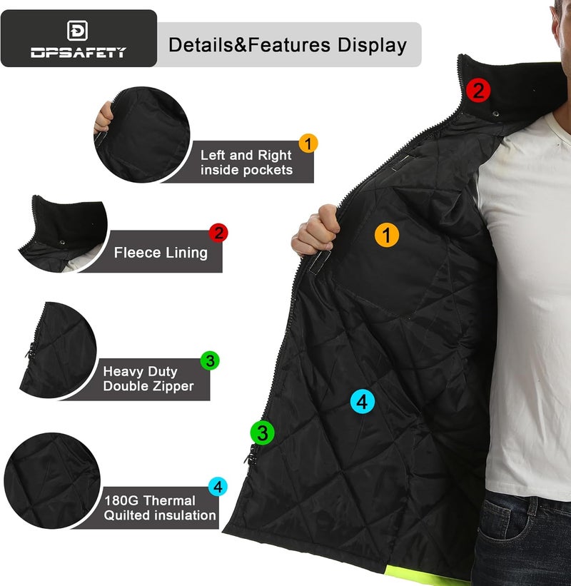 DPSAFETY Reflective Jacket, High Visibility Parka, Waterproof Hi Vis, Safety Jacket with Removable Hood and Zipper, ANSI Class 3 (Lime,3XL) - Image 3